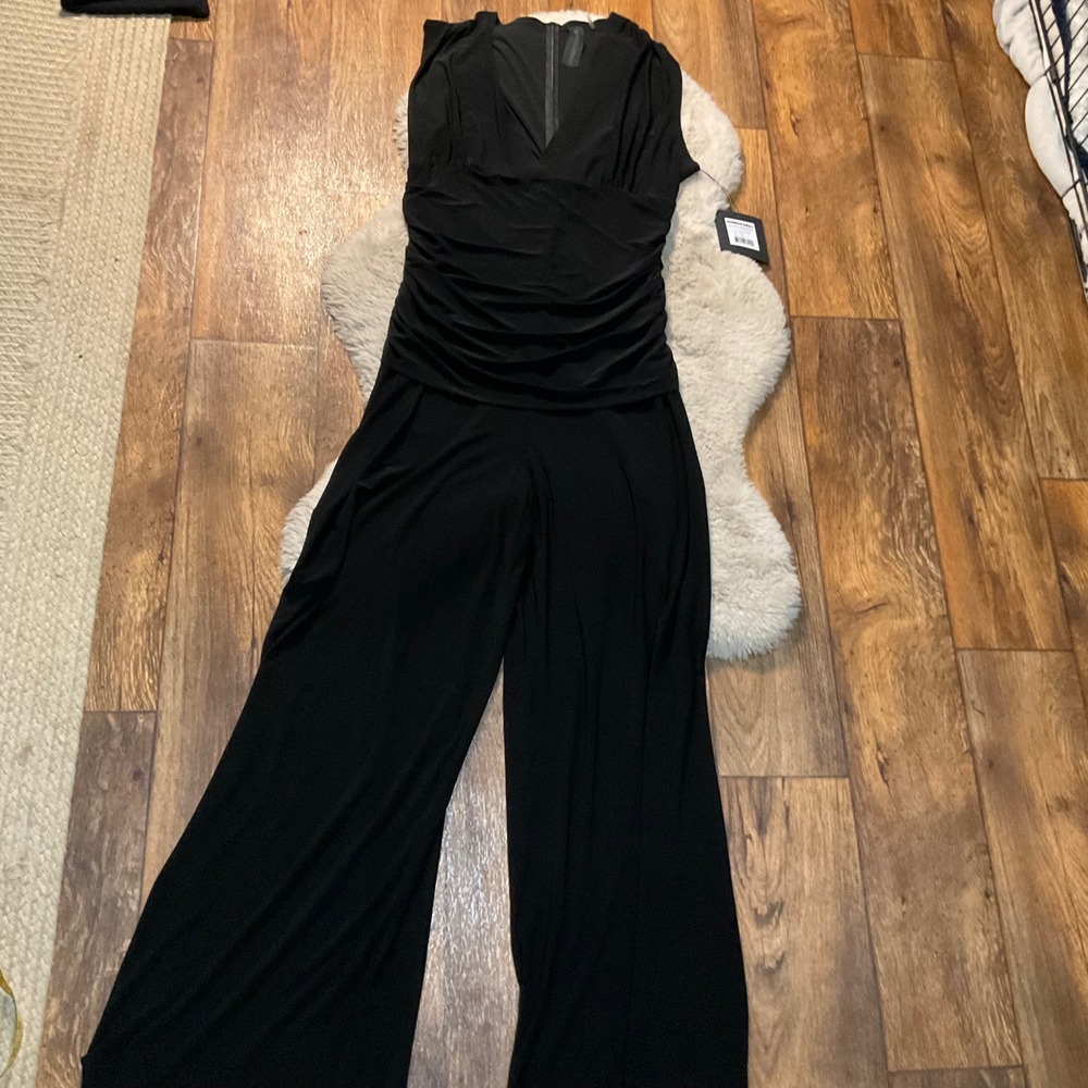Norma Kamali Jumpsuit Size XL Sleeveless V Neck Shirred‎ Waist Black Womens